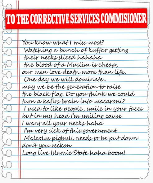 Namoa also wrote a series of disturbing letters to NSW prison officials in which she said she said she missed watching 'kuffar' - a derogatory term for non-Muslims - having their 'necks sliced'