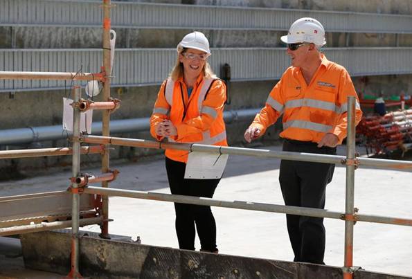 The boring machine Grace which is digging under the Swan River to Bayswater as part of the Forrestfield Airport Link rail project is due to pop up at Bayswater on Sunday morning signalling a significant milestone for the project. Pictured is SINRW project director Richard Graham and WA state transport minister Rita Saffioti in Bayswater.