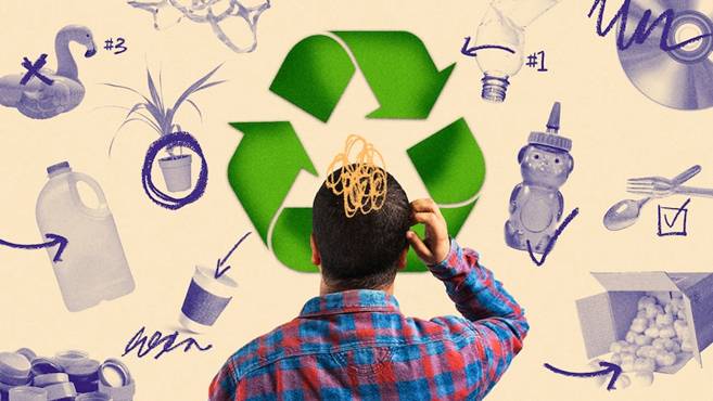 A graphic showing a confused person looking at different plastics.